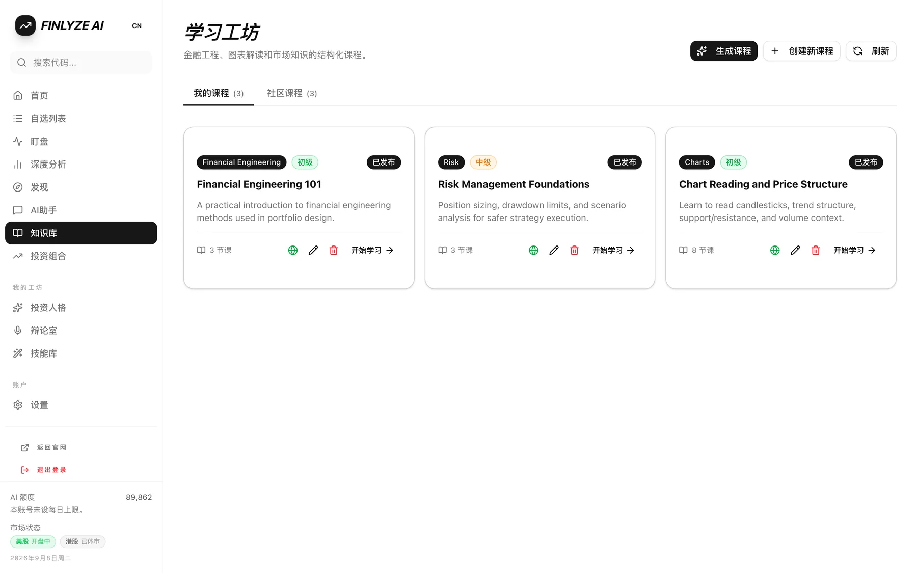 Generated finance courses with quizzes