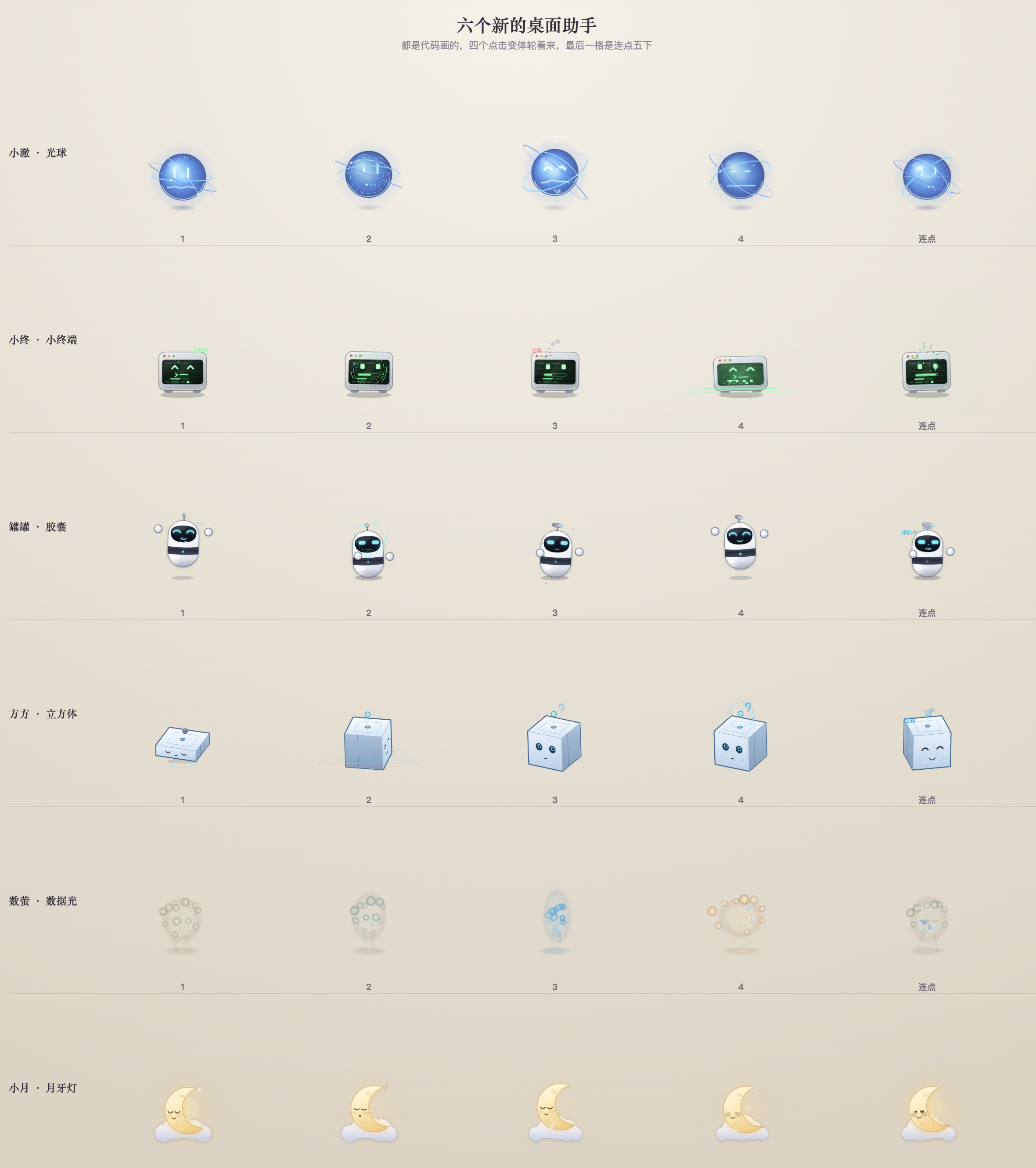 Six code-drawn desktop assistants